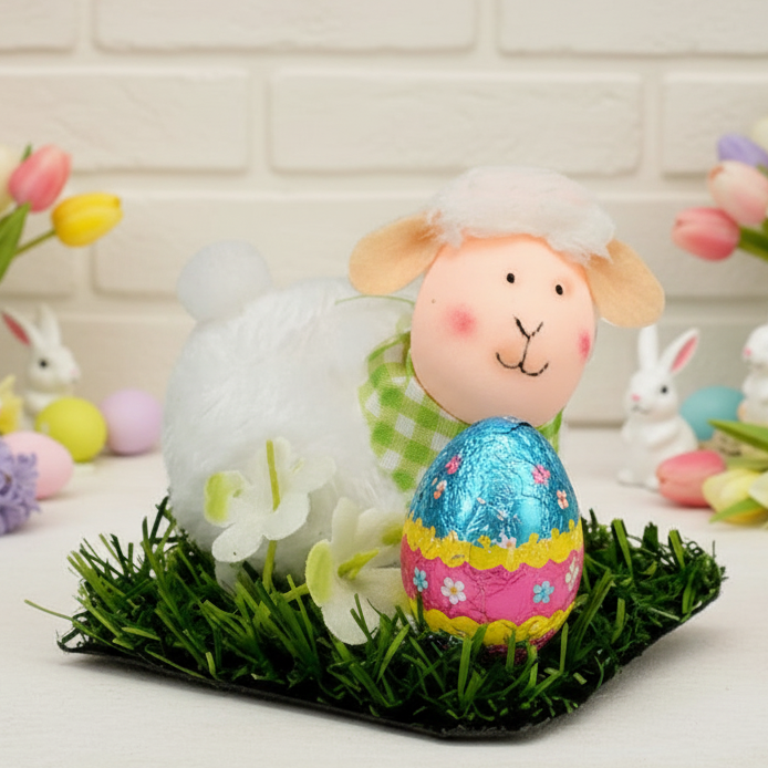 bambola di pecora di pezza tessuto riccio peluche decorazioni pasquali addobbi fai da te per vetrina allestimento idea packaging con ovetto stagnolato