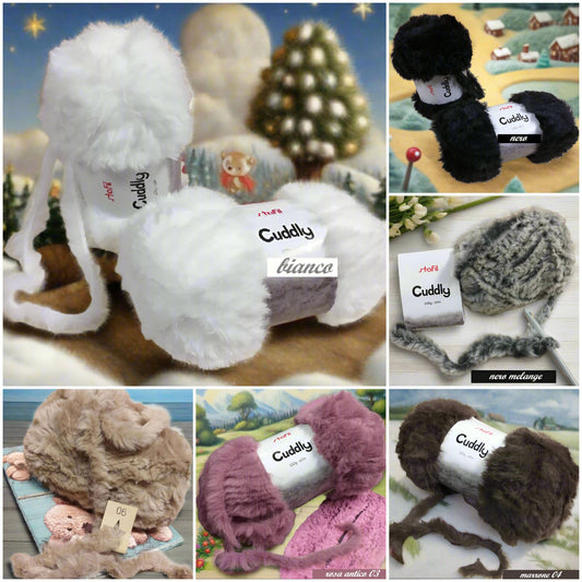 vetrina colori bianco rosa cammello marrone nero rosa antico lana pelliccia filato pelosetto pelliccetta peluche per borsa uncinetto modello pochette o clutch uso stola scaldacollo pupazzi invernali bambole di pezza natalizie