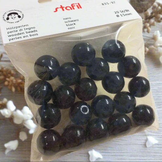 stafil 835-97 15 mm 20 pezzi wooden beads perles en bois holzperlen perle legno grandi forate perline hobbistica fai da te borse ricamo bigiotteria collane bracciali amicizia angeli angioletti bambole colorate nere