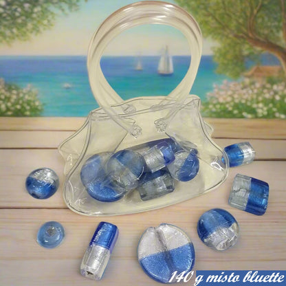 rettangolari piastre medaglie intercalari misto bluette e cristallo perle palline sferette vetro bracciale collana sfuse a peso 140 g stile murano veneziano fai da te bigiotteria gioielli perline manici borse