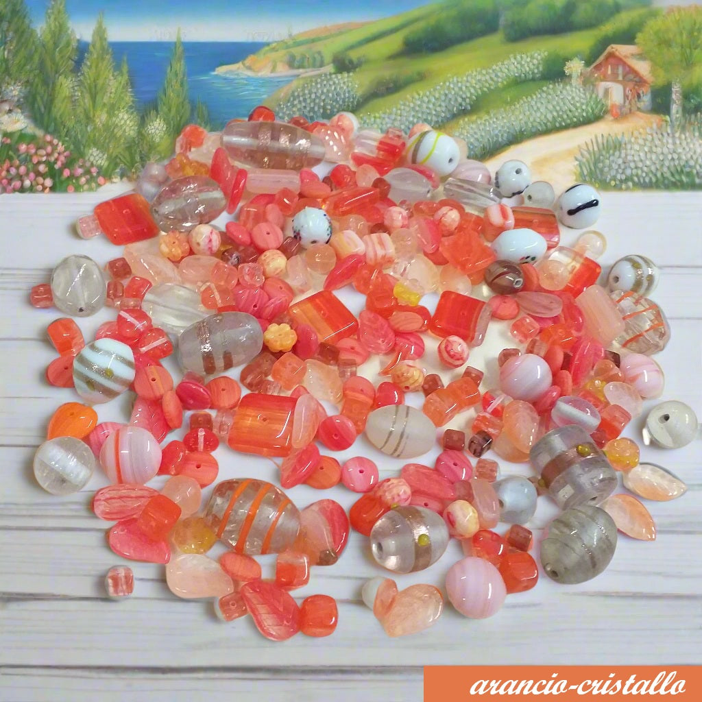 perle arancione cristallo miste colorate assortite particolari originali decorative in vendita sfuse a quarto di chilo uso per gioielli bijoux bigiotteria collane braccialetti tipo veneziano murano