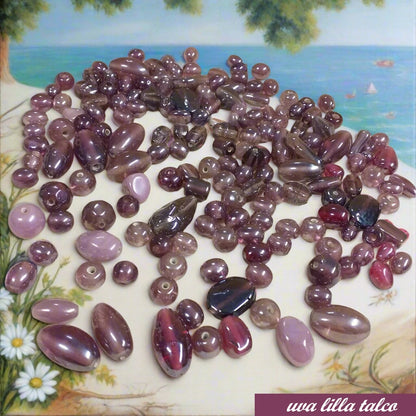 perle uva lilla talco miste colorate assortite particolari originali decorative in vendita sfuse a quarto di chilo uso per gioielli bijoux bigiotteria collane braccialetti tipo veneziano murano