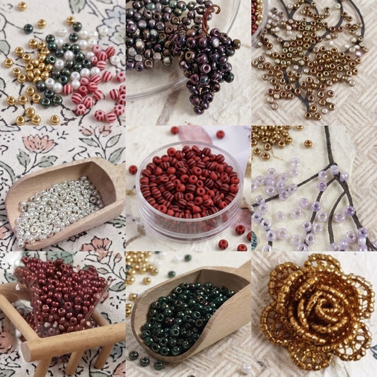 assortimento lilla lavanda, oro, argento, marrone, verde scarabeo, misto uva, bronzo, riga rossa, rocailles in vetro perline indiane conteria veneziana hobby bijoux fiori Venezia piante alberi bonsai esclusive colori metal particolari per bigiotteria gioielli di perle