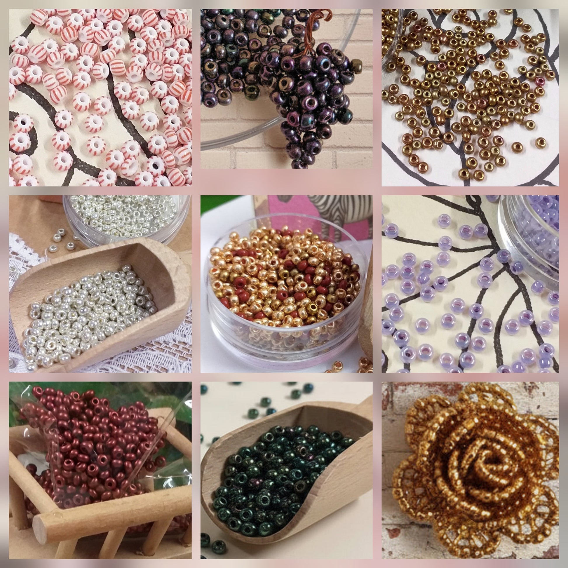 assortimento lilla lavanda, oro, argento, marrone, verde scarabeo, misto uva, bronzo, riga rossa, rocailles in vetro perline indiane conteria veneziana hobby bijoux fiori Venezia piante alberi bonsai esclusive colori metal particolari per bigiotteria gioielli di perle