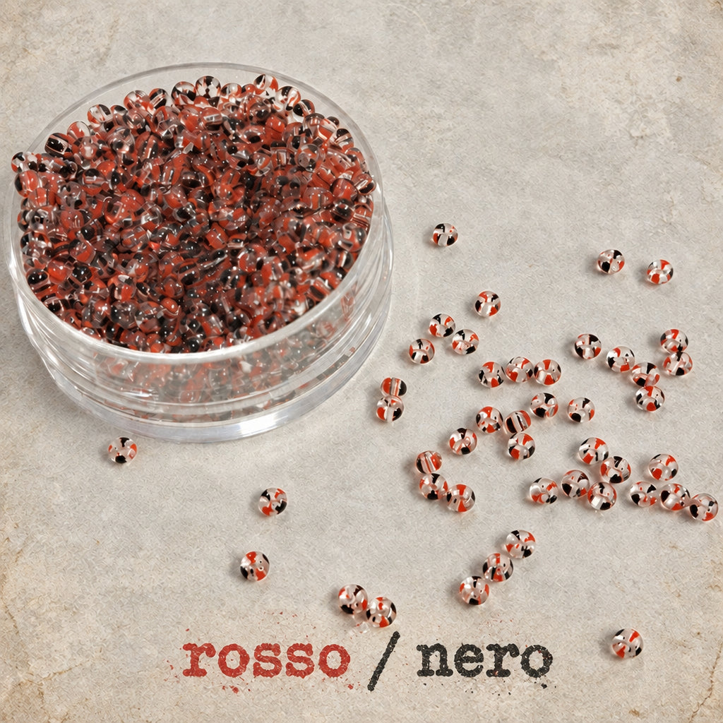 riga nera base rossa rocailles in vetro perline indiane conteria veneziana hobby bijoux fiori Venezia piante alberi bonsai particolari esclusive per bigiotteria gioielli di perle