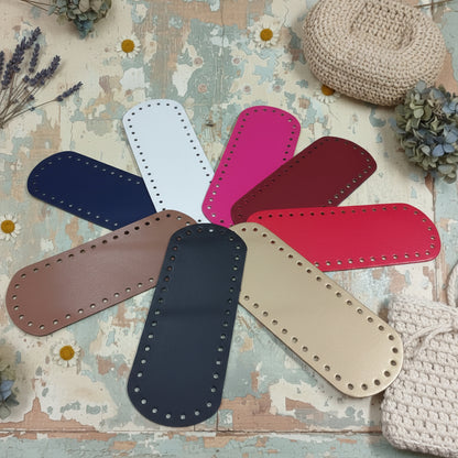 colore bianco fucsia bordeaux rosso oro blu nero cuoio fondo base fond de poche ecopelle similpelle cuoio rigenerato stafil Austria made in italy 8 x 21 cm ovale forato tecnica granny mattonelle crochet per borsa pochette uncinetto lycra pizza clutch bag a rete