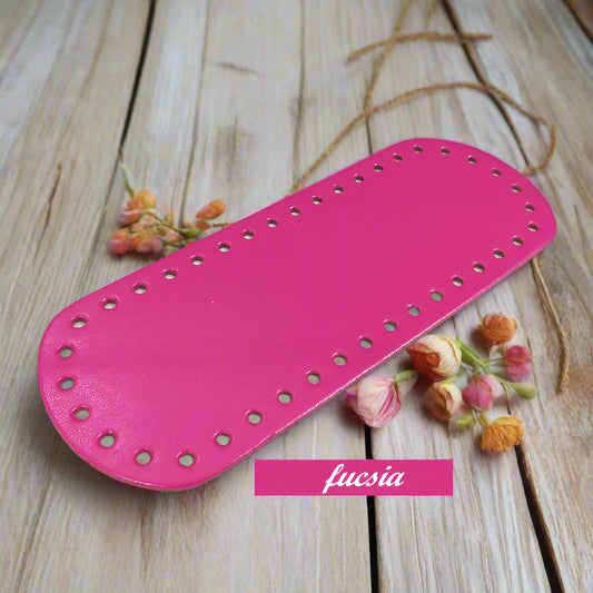 fucsia rosa fondo base fond de poche ecopelle similpelle cuoio rigenerato MAS 8 x 21 cm ovale forato tecnica granny mattonelle crochet per borsa pochette uncinetto lycra pizza clutch bag a rete