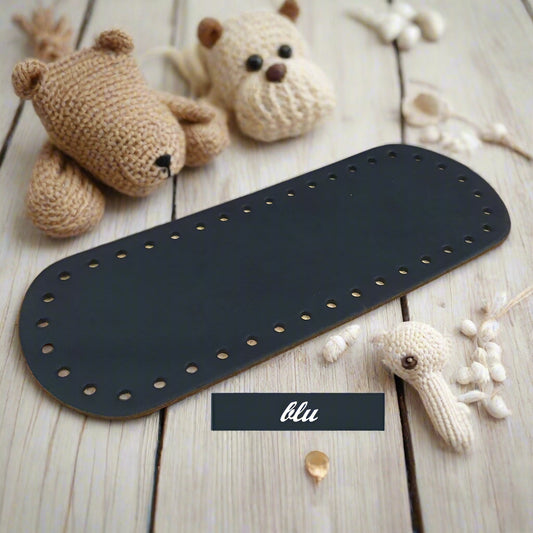 blu fondo base fond de poche ecopelle similpelle cuoio rigenerato MAS 8 x 21 cm ovale forato tecnica granny mattonelle crochet per borsa pochette uncinetto lycra pizza clutch bag a rete
