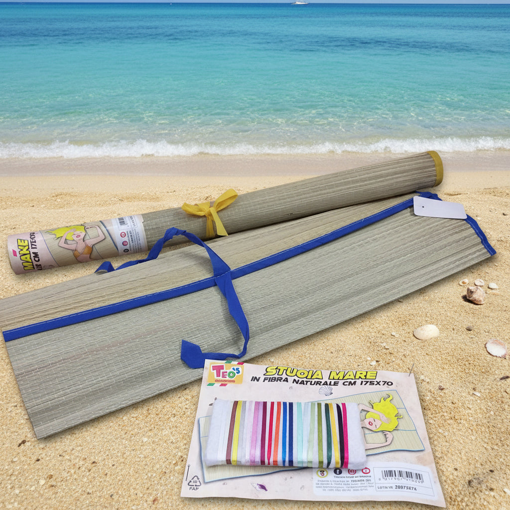 paglia fibra vegetale naturale stuoia coperta tappetino zerbino ripieghevole arrotolata con laccetto 175 x 70 uso mare piscina camping giardino spiaggia protezione dalla sabbia