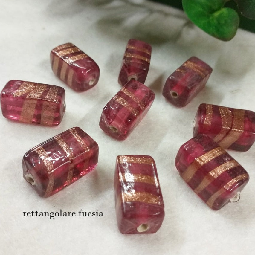 rosa fucsia colore negozio offerte perle di vetro stile murano pietre rettangolari a lume con inserto avventurina dorata