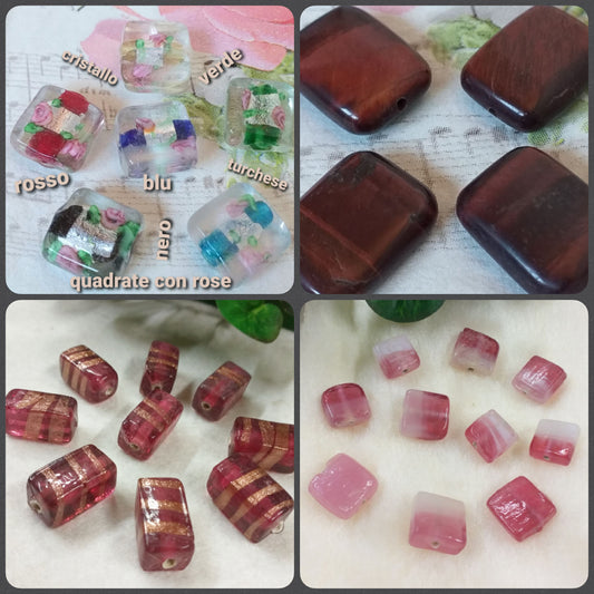 forme quadrate rettangolari cristallo verde rosso blu turchese nero colori perle di vetro stile murano pietre dado piatto con rose