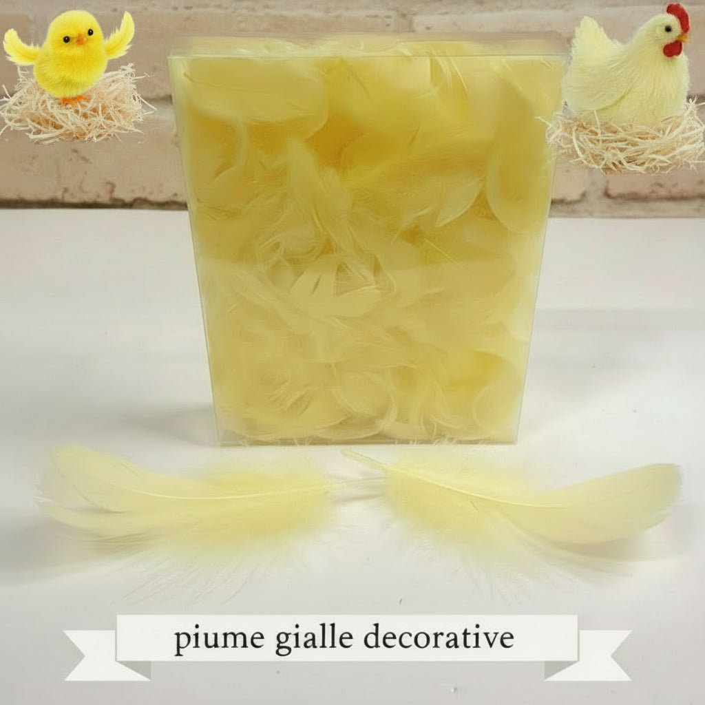scatolina 5 g box trasparente piume decorative pasquali gialle per addobbi decorazioni su vasi centrotavola fuoriporta ghirlande