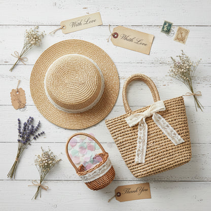 idee fai da te cucito creativo e bricolage di nastro pizzo con cappello di paglia, borsa di rafia, cestino vimini, fiori secchi tag vintage e shabby