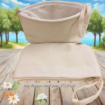 interno sacchetto con cerniera bustina pochette tela bianca simil-juta 27 x 15 x 6 cm stafil per borsa uncinetto da rivestire con filato cotone granny mattonelle o personalizzare scritte ricamo stampato applicazioni tessuto stoffa termoadesive strass