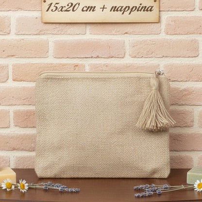 Stafil 15 x 20 cm bustina sacchetto con cerniera e nappina, jute pouch pochette juta per borsa uncinetto da rivestire con filato cotone granny mattonelle o personalizzare scritte ricamo stampato applicazioni tessuto stoffa termoadesive strass paillettes lustrini passamaneria