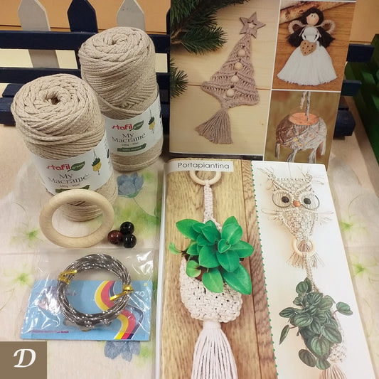 kit creare porta-piantina gufo manuale cordoncino macramè stafil green 100 g 90 m 100% reciclato uso nodi intrecci addobbi decorazioni e uncinetto cerchio legno perle 12 mm filo alluminio marrone martellato 2 mm