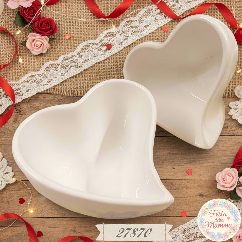 forma cuore bianco vasetto porta piantina fiori bomboniera utile composizioni fioristi ciotola ceramica bianca per confezioni regalo cioccolatini caramelle san valentino