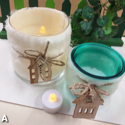 offerta A vasetti di vetro portacandele natalizi luminosi applicazioni tessuto peluche pelliccia sintetica corda juta legnetti con lucine led