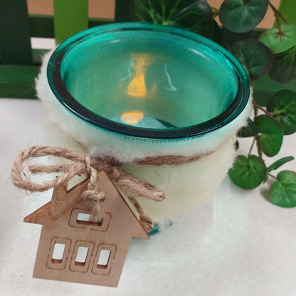 offerta vasetto azzurro vetro portacandele natalizi luminosi applicazioni tessuto peluche pelliccia sintetica corda juta legnetti con lucine led