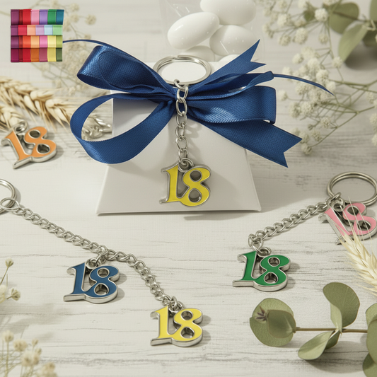 coccarda blu bustina cartoncino bianco nastrini a scelta mini campionario portachiavi metallo anello catenella numero 18 colori assortiti bomboniera diciottesimo compleanno confezionata o kit fai da te bigliettino nastro confetti