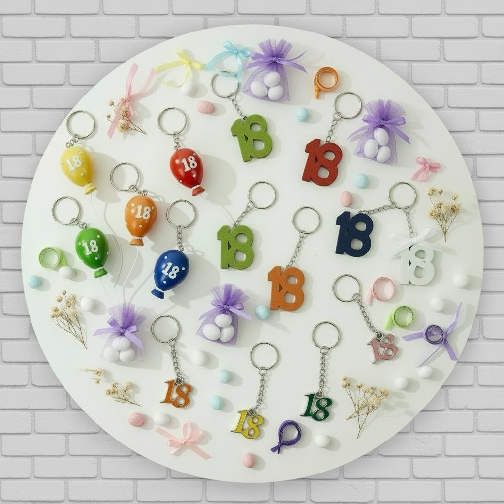 numero 18 anni palloncini ciondolo metallo resina plex portachiavi bomboniera segnaposto diciottesimo ricordino compleanno oggettino aprifesta chiudifesta confezionare confetti italiani fiocchi