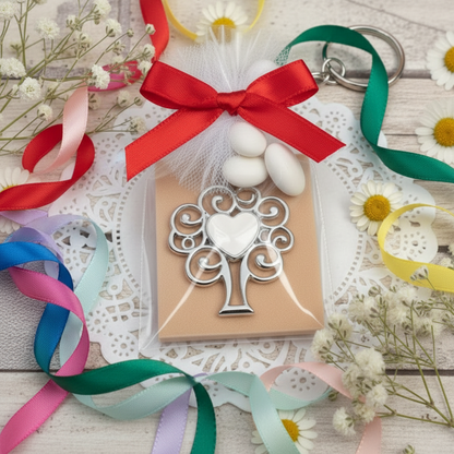 confezione confetti portachiavi con ciondolo metallo zama albero della vita cuore placca applicazione piastra pendente, charms uso ricordini gadget souvenir segnalibro pensierini bomboniere