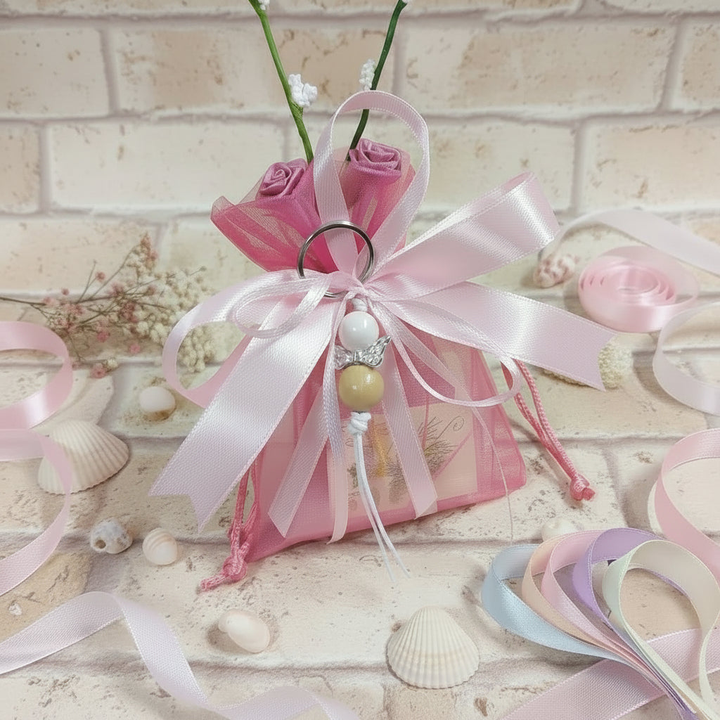 sacchetto confetti confezionato Prima Comunione Santa Cresima ragazza bambina femminuccia fucsia coccarda raso rosa mazzolino roselline velo di sposa portachiavi legno ali metallo angelo bianco e frassino angioletto artistico