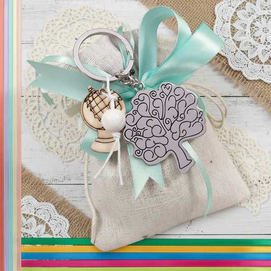 tiffani-pastello portachiavi albero della vita metallo mappamondo legno globo confezionato bomboniera sacchetto Italian confetti chocolate dragées sugared almonds nastro bigliettino tela rustica Comunione Cresima laurea 18 anni matrimonio