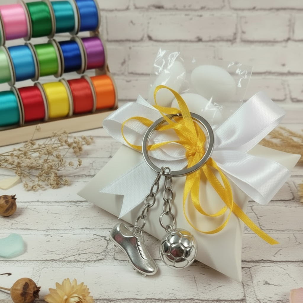 packaging bianco giallo portachiavi di metallo scarpetta e pallone da calcio confezionato confetti bustina cartoncino coccarda colori italiani bigliettino ideale bomboniera segnaposto prima comunione santa cresima 18° compleanno laurea