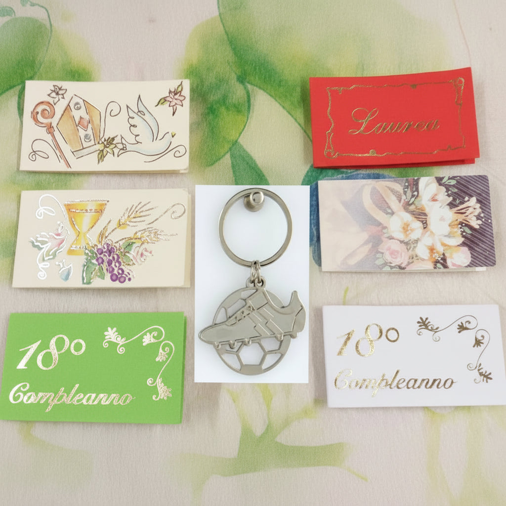 bigliettini cartoncini etichette per pallone scarpetta anello portachiavi calcio bomboniera segnaposto ricordino comunione cresima 18° compleanno laurea facoltà educazione fisica eventi sport da confezionare