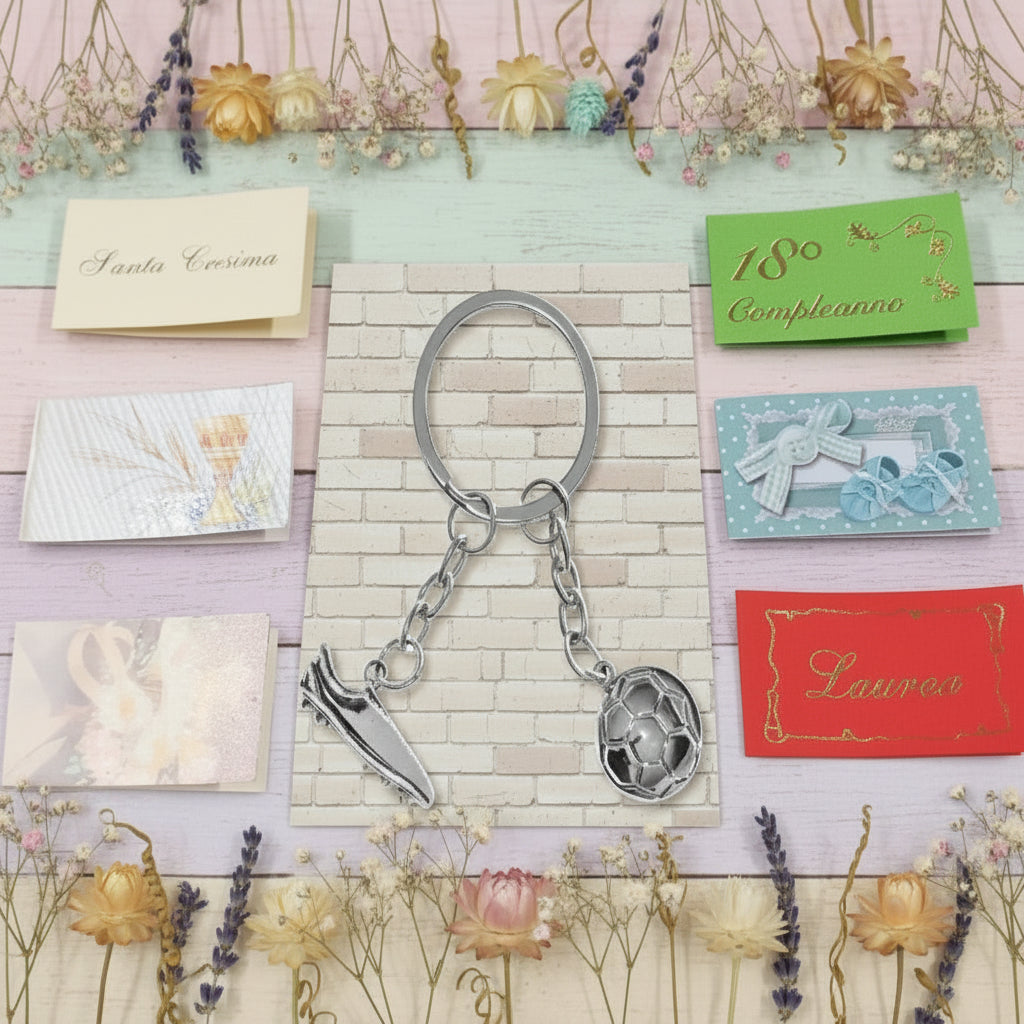 portachiavi di metallo scarpetta e pallone da calcio da confezionare con bigliettino ideale bomboniera segnaposto prima comunione santa cresima 18° compleanno laurea