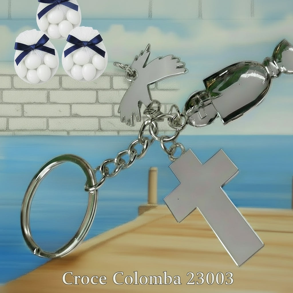 portachiavi Croce Calice colomba Prima Comunione Santa Cresima insieme entrambe cerimonie Santo Giorno bomboniere religiose sacre simboli per confezionamento bimba bambino ricordino