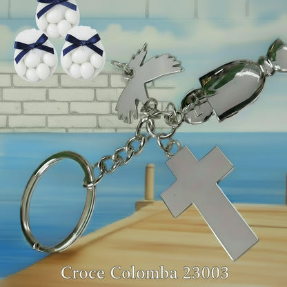 portachiavi Croce Calice colomba Prima Comunione Santa Cresima insieme entrambe cerimonie Santo Giorno bomboniere religiose sacre simboli per confezionamento bimba bambino ricordino