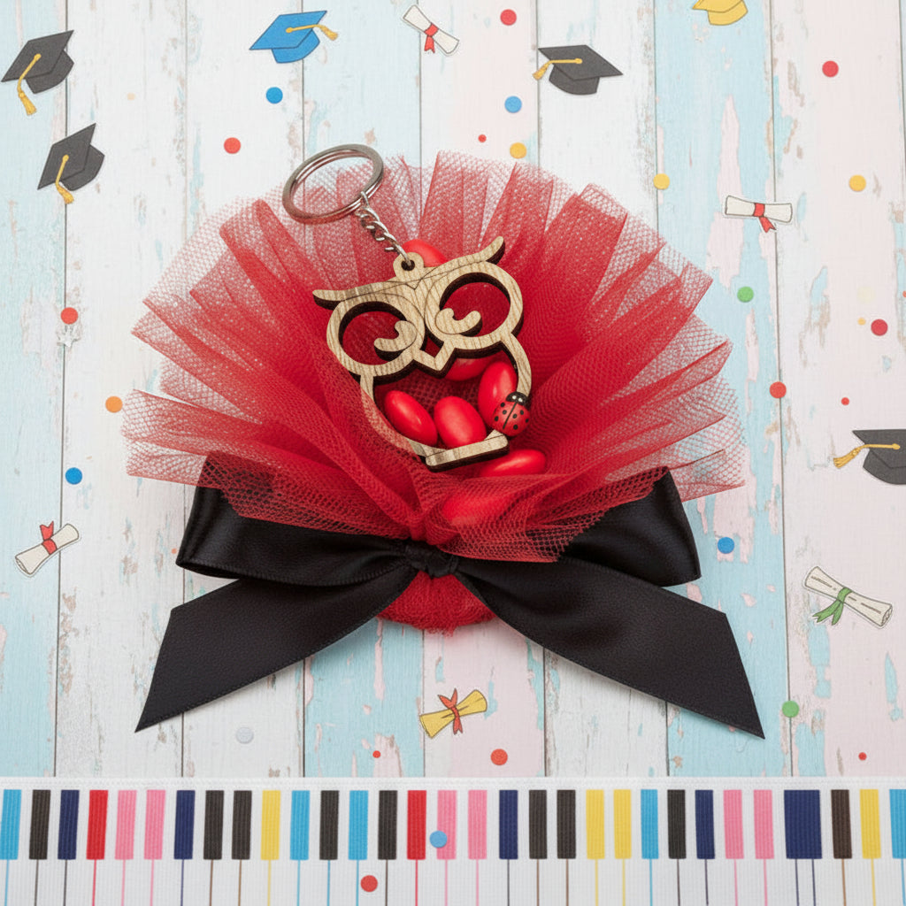 confezione ciuffo pompon di tulle rosso con Gufo laurea coccinella portachiavi bomboniere fai da te segnaposto