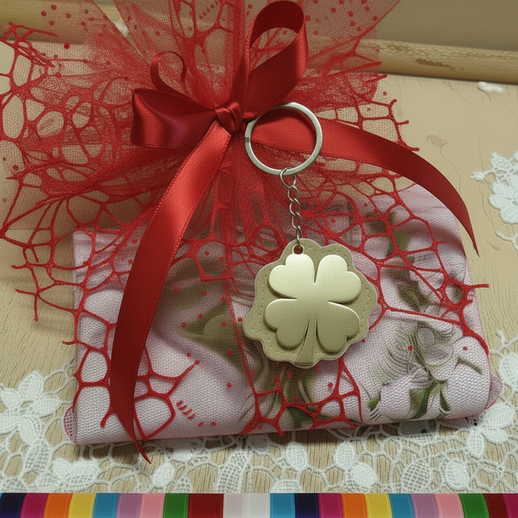 rosso laurea sacchetto bomboniere portachiavi ciondolo quadrifoglio shabby portafortuna nascita Battesimo Comunione matrimonio compleanno confezionato confetti