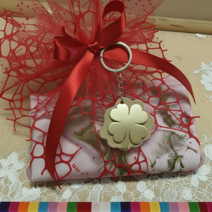 rosso laurea sacchetto bomboniere portachiavi ciondolo quadrifoglio shabby portafortuna nascita Battesimo Comunione matrimonio compleanno confezionato confetti