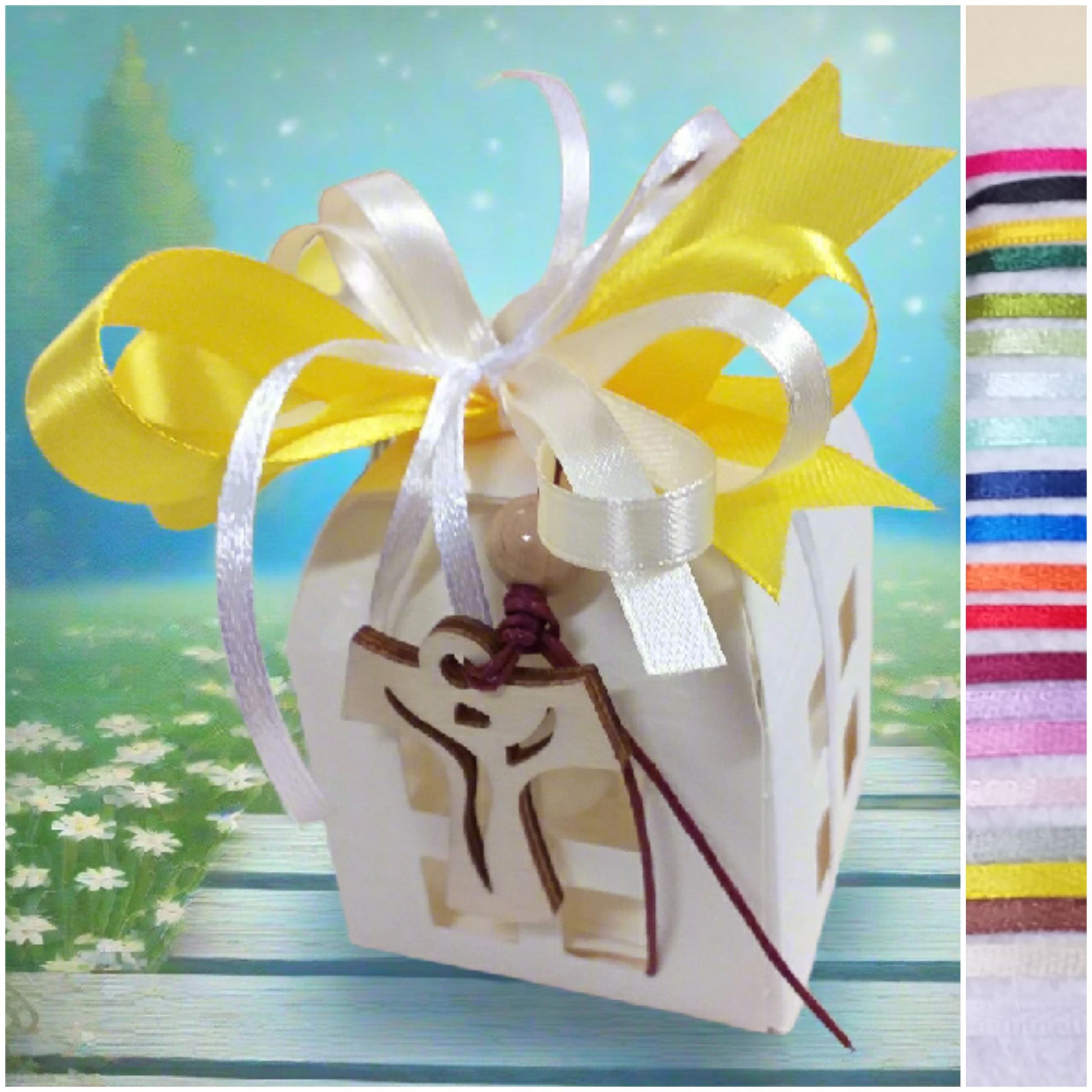 bianco giallo o altri colori bomboniera artigianale religiosa sacra Comunione Cresima portachiavi Croce legno Tau francescana cordino perline confezionata confetti lanterna cartoncino scatolina bigliettino personalizzato Santo Giorno con simboli