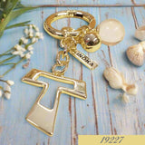 Portachiavi dorato charms ciondoli Croce Tau smalto per bomboniere Prima Comunione Santa Cresima Battesimo simboli Crocifisso ricordini religiosi pensierini gadget party favors