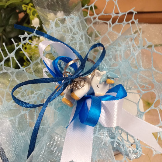 unicorno portachiavi celeste sacchettino confetti primo compleanno bomboniere battesimo nascita portaconfetti
