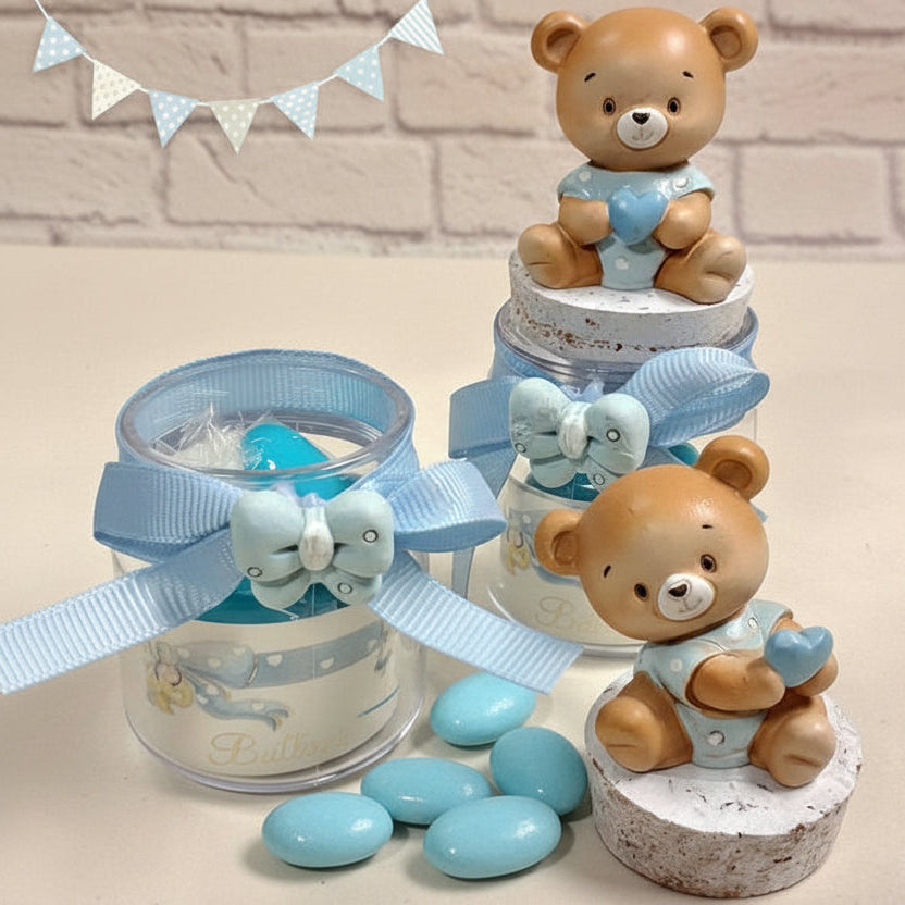 celeste bimbo orsetto applicazione barattolo vasetto vetro tappo sughero  cuoricino gesso idea fai da te bomboniere nascita Battesimo primo compleanno babyshower