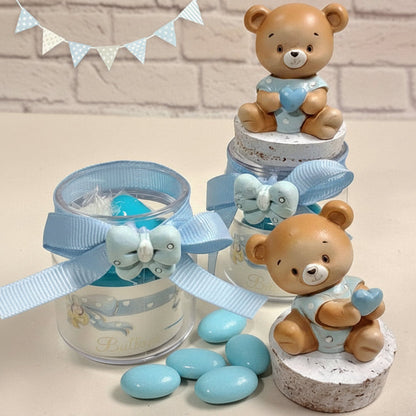 celeste bimbo orsetto applicazione barattolo vasetto vetro tappo sughero  cuoricino gesso idea fai da te bomboniere nascita Battesimo primo compleanno babyshower