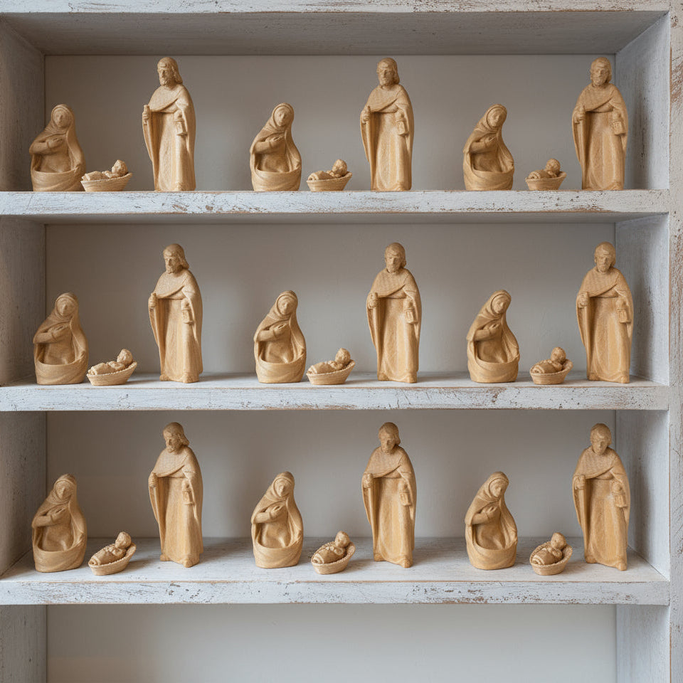 scaffale negozio vetrina natale primo piano gruppo statuine mini Presepe Natività 4.5 cm Gesù Giuseppe Maria Madonna statuette colore legno miniatura da decorare colorare per addobbi pallina sfera per albero capanna stalla natalizia