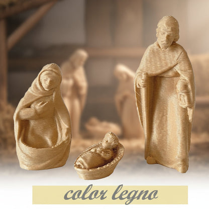 vetrina natale primo piano gruppo statuine mini Presepe Natività 4.5 cm Gesù Giuseppe Maria Madonna statuette colore legno miniatura da decorare colorare per addobbi pallina sfera per albero capanna stalla natalizia