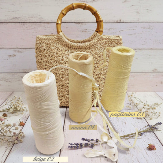 paglierino beige avana colori Stafil rafia sintetica colorata per uncinetto di borse e cestini uso packaging confezionamento pacchi regalo bomboniere fai da te vendita a peso rotolo 100 grammi