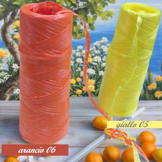 arancio 06 giallo 05 sintetica colorata uso hobbistica lavoretti creativi borse cestini tappeti crochet moderno packaging confezionamento pacchi regalo bomboniere fai da te vendita a peso rotolo 100 grammi
