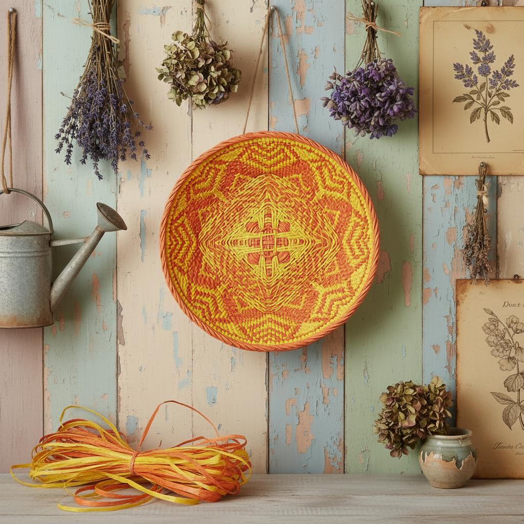 idea fai da te cesti sardi da appendere, intrecciando rafia sintetica colorata gialla arancione tecnica intreccio o uncinetto