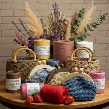 rocche rotoli rafia naturale vegetale di cellulosa carta uso uncinetto crochet bag borse estive cappelli colori arancio verde giallo nocciola bianco nero  bluette lilla azzurro celeste fucsia
bordeaux giallo senape marrone