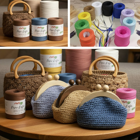 rocche rotoli rafia naturale vegetale di cellulosa carta uso uncinetto crochet bag borse estive cappelli colori arancio verde giallo nocciola bianco nero  bluette lilla azzurro celeste fucsia
bordeaux giallo senape marrone