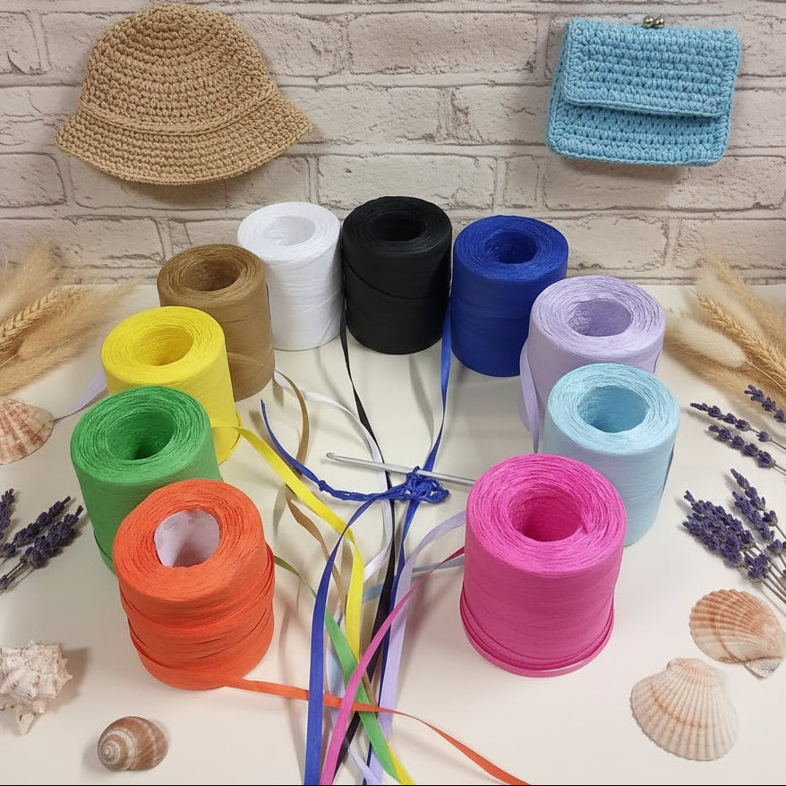 rocche rotoli rafia naturale vegetale di cellulosa R600 merceria accessori servizio uso uncinetto crochet bag borse estive cappelli colori arancio verde giallo nocciola bianco nero  bluette lilla azzurro celeste fucsia