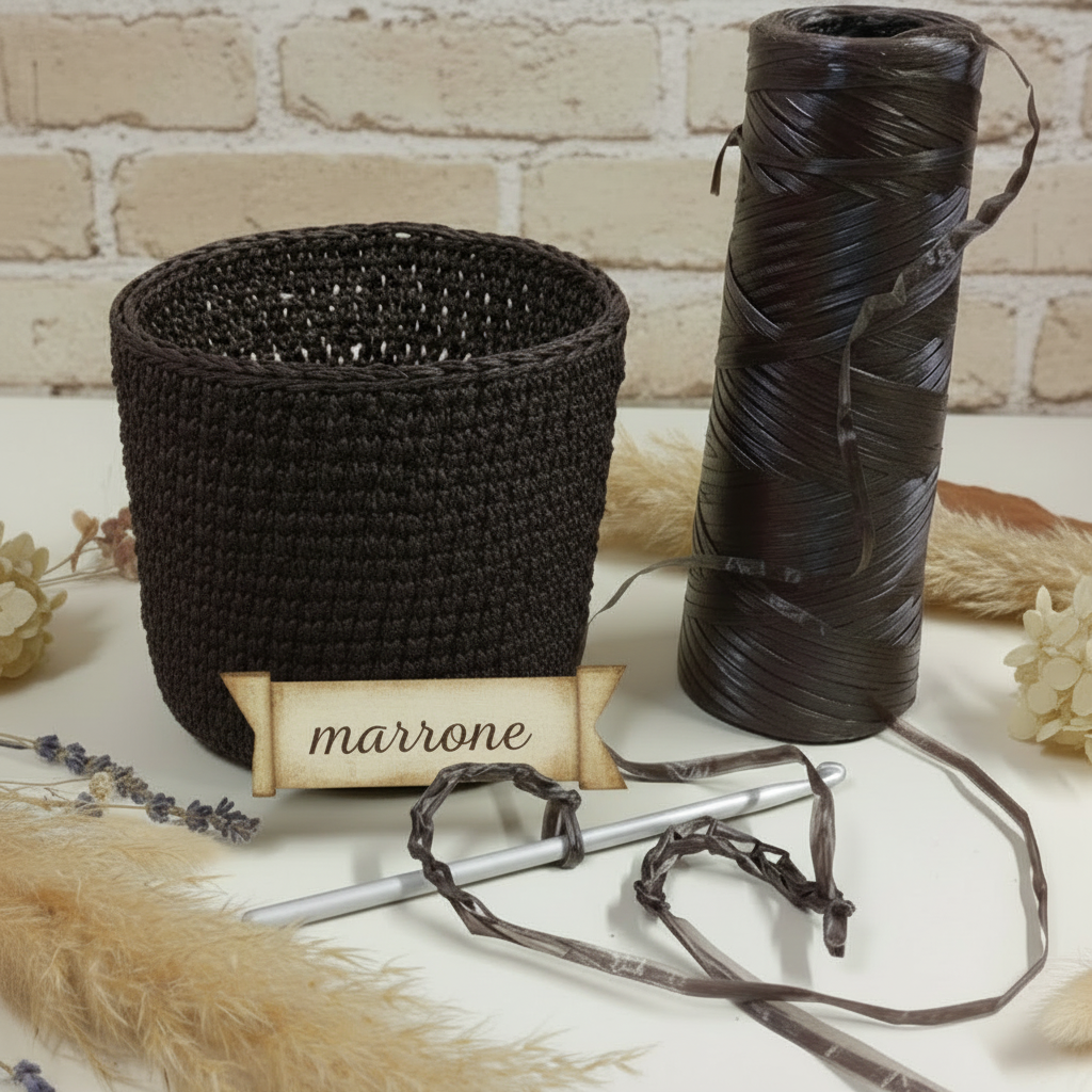 rafia marrone 12 sintetica colorata lucida viscosa uso hobbistica lavoretti creativi borse cestini tappeti crochet moderno packaging confezionamento pacchi regalo bomboniere fai da te vendita a peso rotolo 100 grammi